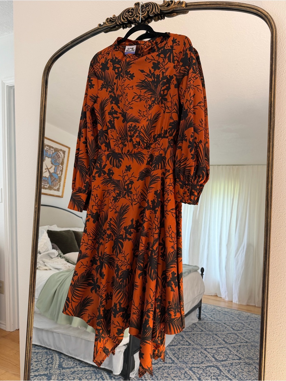 Rust Botanical Asymmetrical Hem Dress by Unbranded
